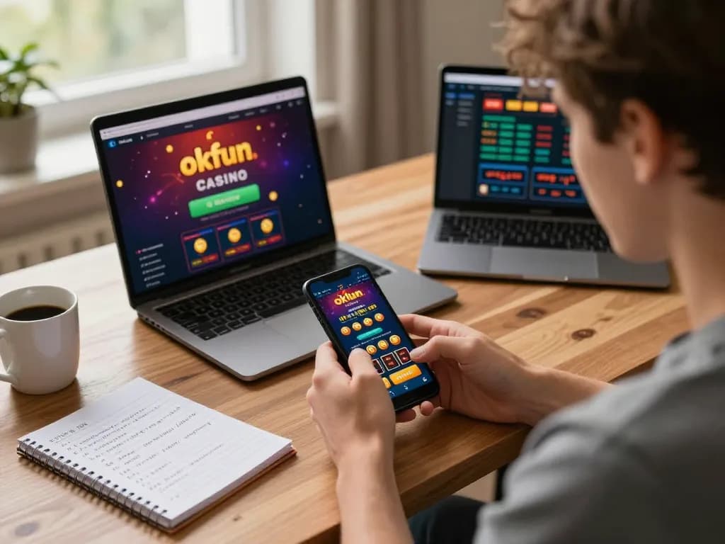Gambler enjoying the okfun casino app on smartphone in cozy home office environment.