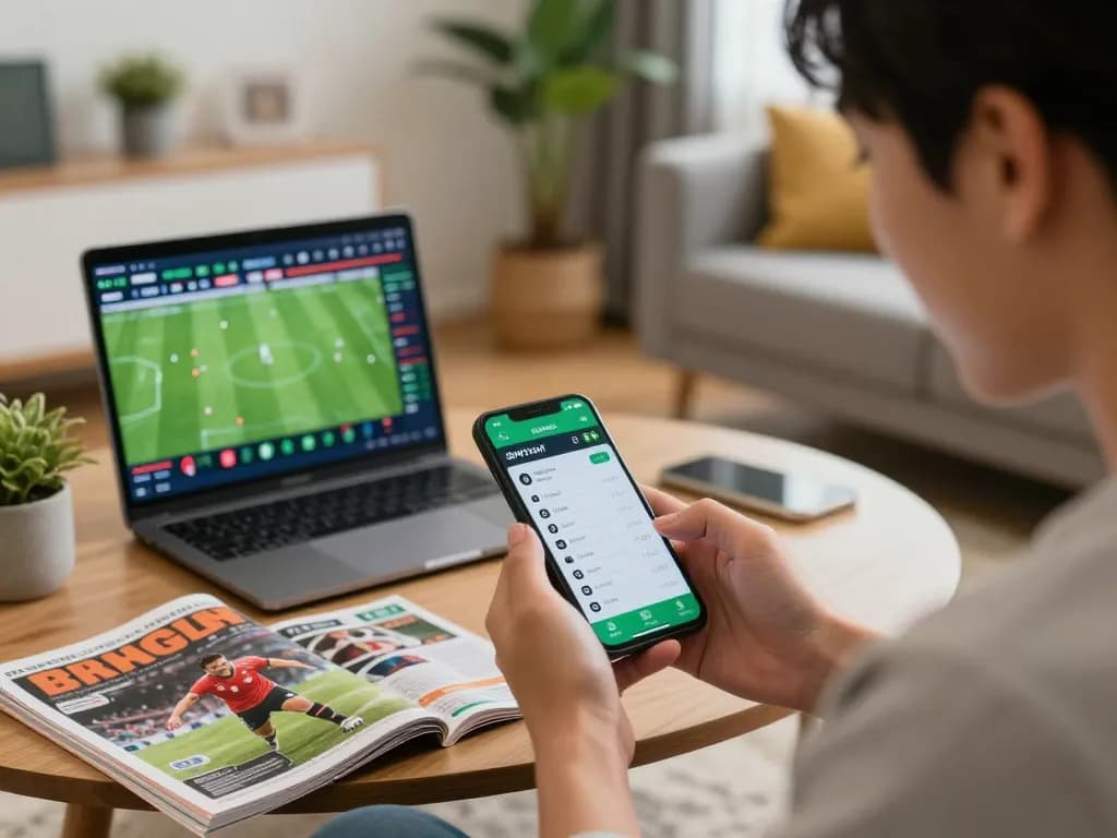 Engaging in tỉ lệ kèo betting on a smartphone showing live sports odds in a cozy setting