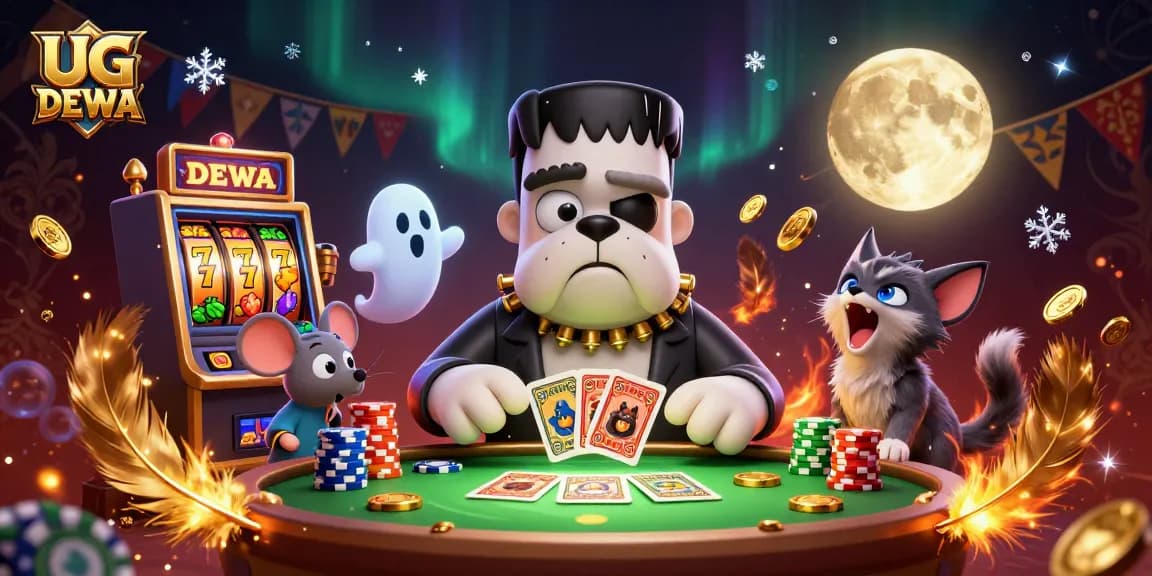 Engage with UG DEWA as the Frankenstein bulldog spins the slot reels amidst magical casino chaos.