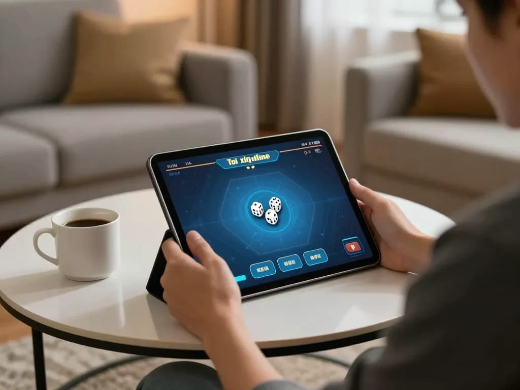 Engaging tai xiu online gameplay on a tablet in a cozy home setting, showcasing responsible gambling.