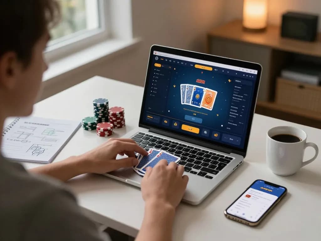 79king poker game in progress on a sleek laptop, showcasing strategy and engagement in a modern home