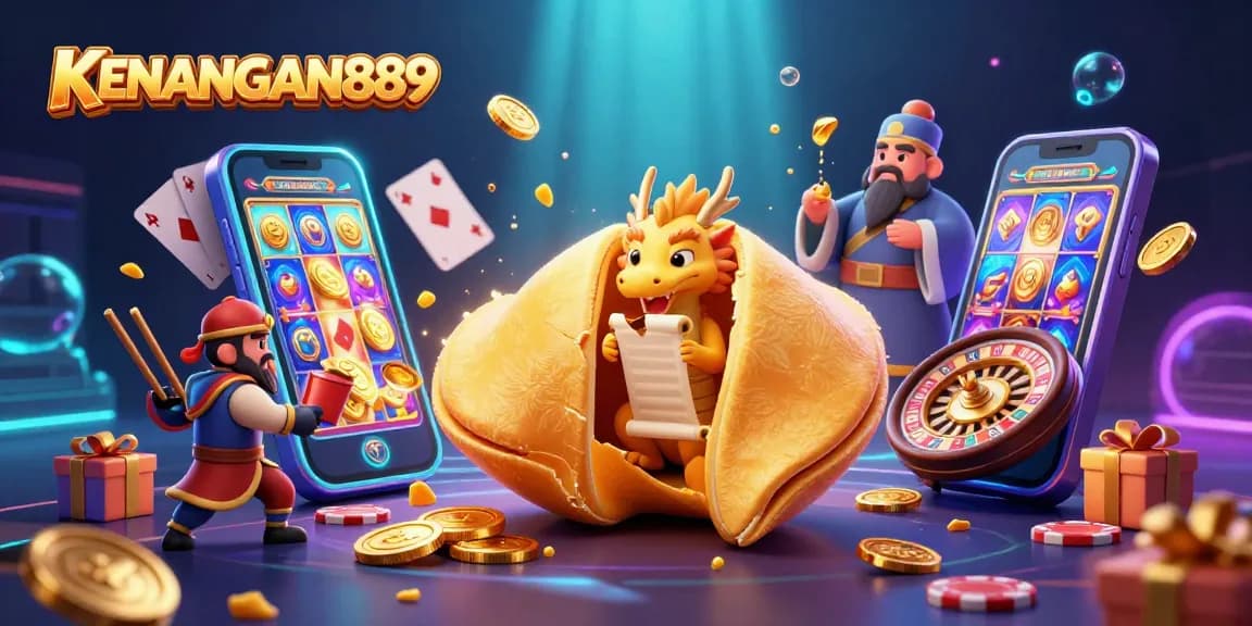 Play exciting slots and win at KENANGAN889, featuring a fantasy scene with golden fortune cookie elements.