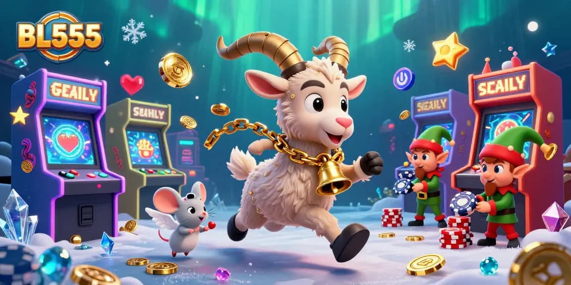 Engage with the vibrant casino world of BL555 featuring festive characters amidst dynamic games and colorful elements.
