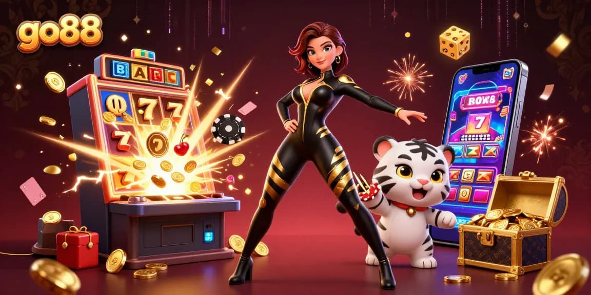 Engage in thrilling gaming at go88 with a stunning 3D illustration showcasing dynamic casino elements and characters.