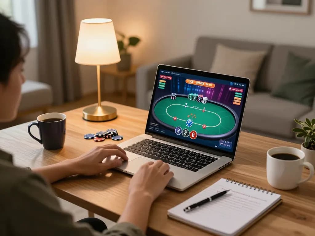 Engaging online poker session at home with 79club interface on laptop, warm lighting and strategy notes.