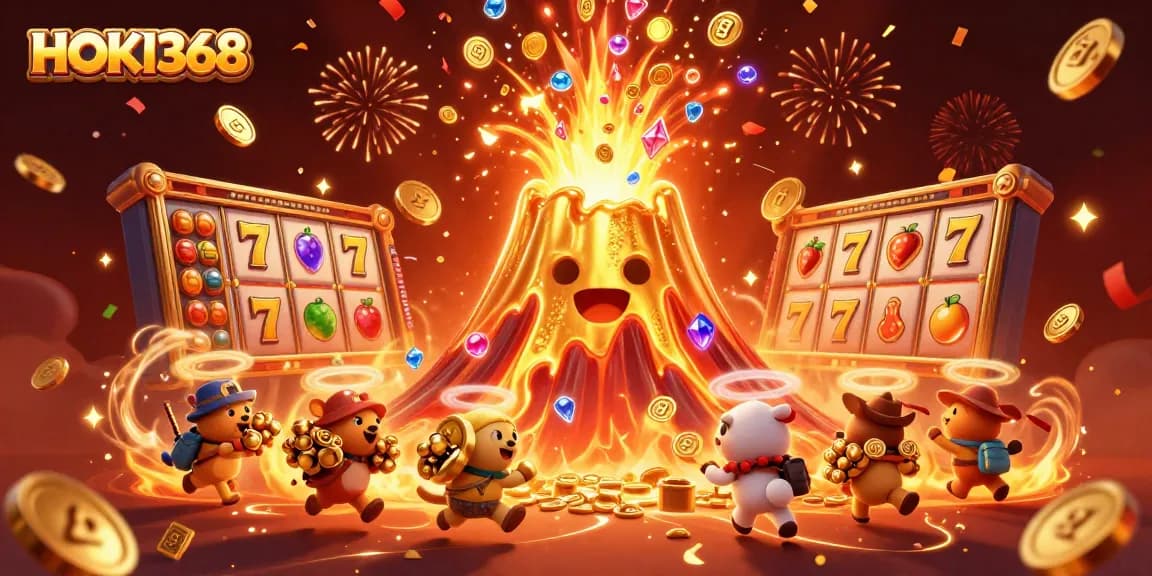Win big with HOKI368's dynamic slots, showcasing a colorful treasure explosion and excitement.