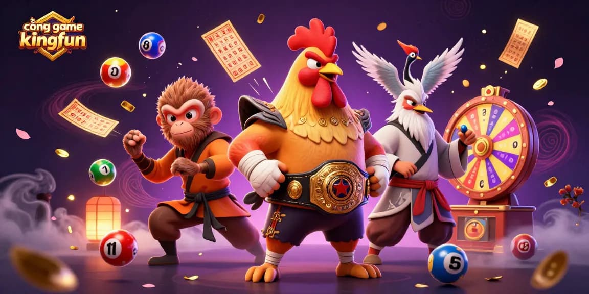 Engage with cổng game kingfun featuring dynamic lottery elements and fierce characters in a vibrant 3D illustration.