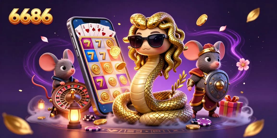 Experience thrills with 6686 in this enchanting casino scene rich with slot games, golden coins, and mythical characters.