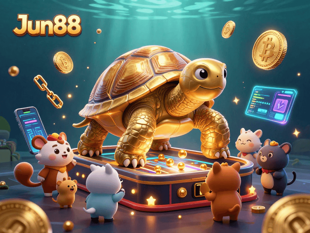 Engage with Jun88's gaming adventure showcasing a colossal tortoise pinball machine amidst crypto coins and vibrant marine life.