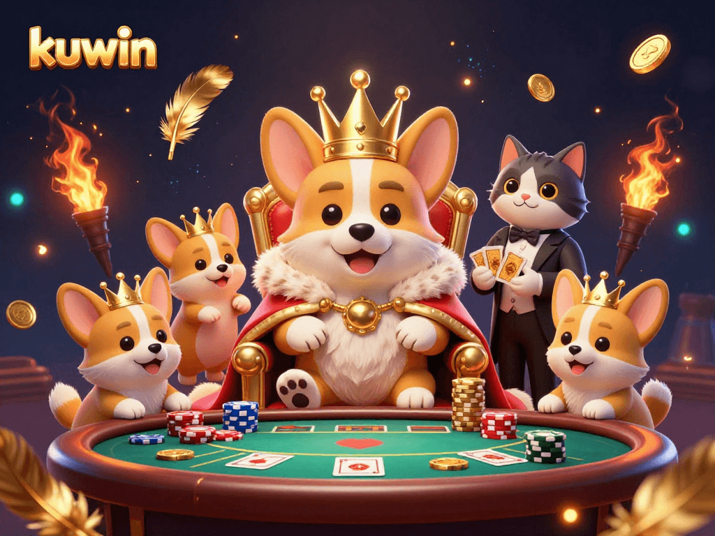 Kuwin casino characters showcase poker skills with royal corgi and butler in a vibrant scene.