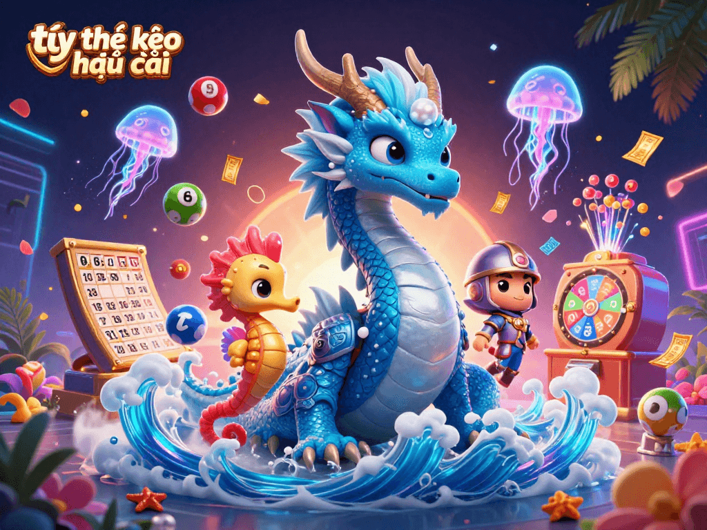 Engage with exciting tỷ lệ kèo nhà cái through a vibrant illustrated scene of dynamic lottery elements and magical characters.