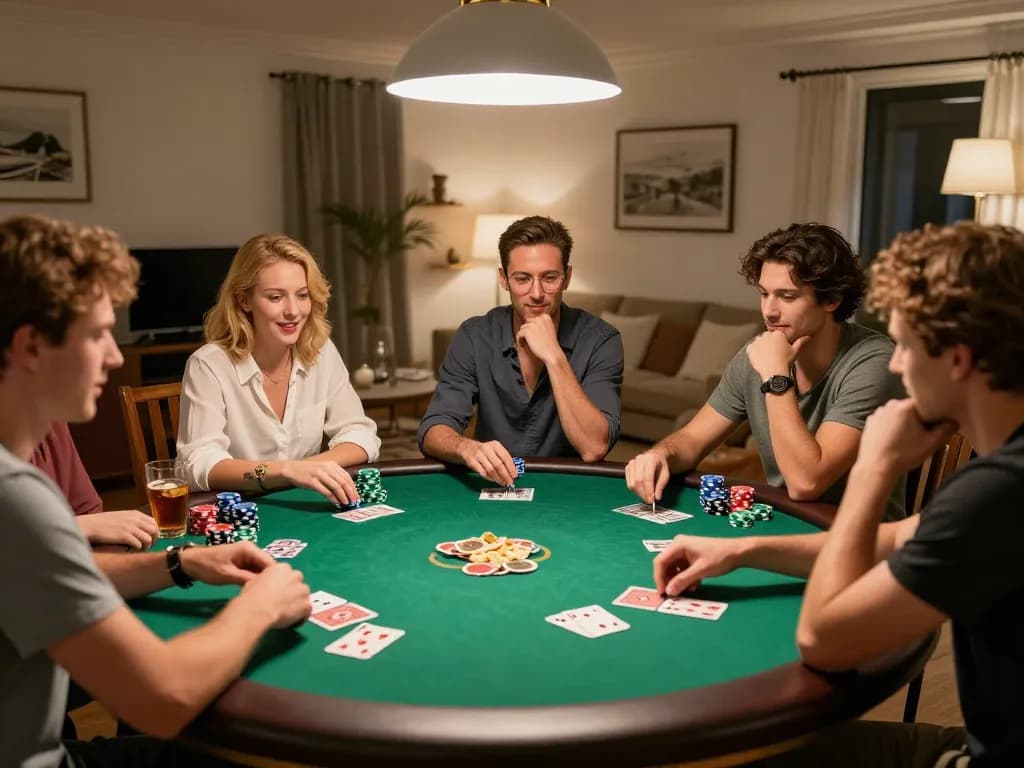 Friends enjoying a poker night at home, showcasing the excitement of 壹發娛樂 gaming.