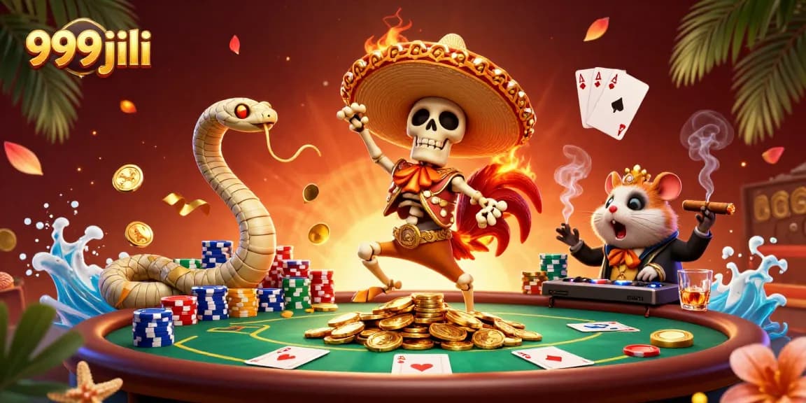 Experience the thrill of winning with 999jili's vibrant casino scene featuring a lively mariachi rooster and exciting poker elements.