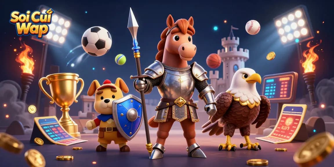 Soi Cầu Wap showcases a medieval knight, squire puppy, and falcon in a dynamic sports betting scene.