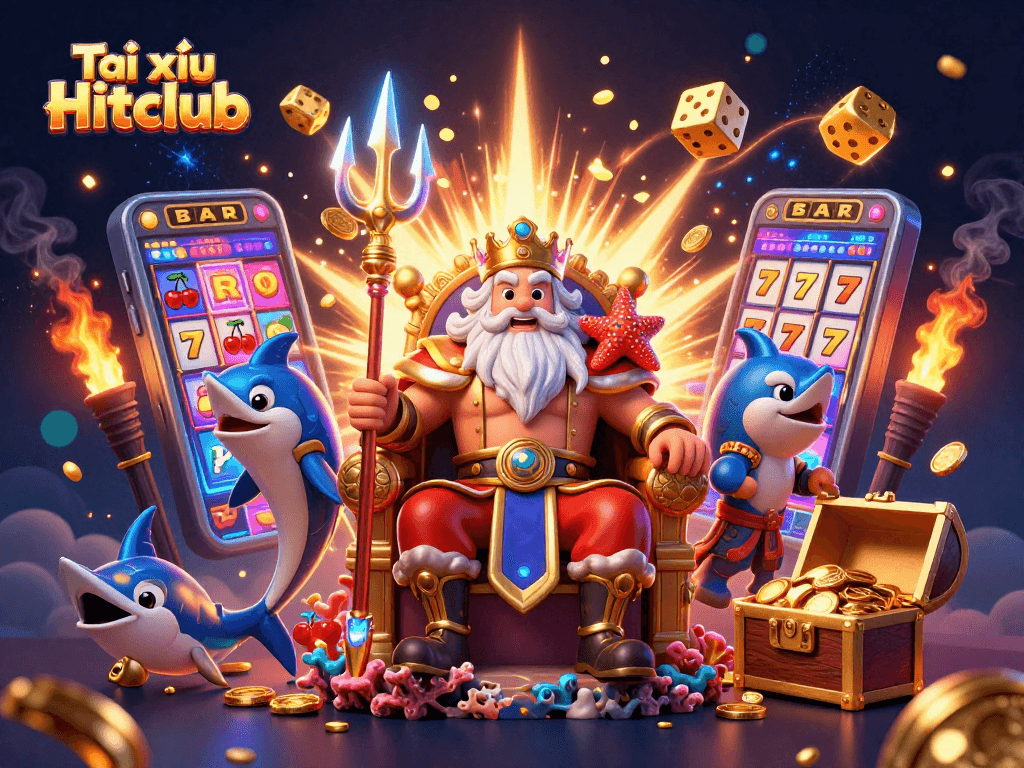 Tài xỉu Hitclub scene featuring Neptune and samurai, surrounded by slot machines and casino elements