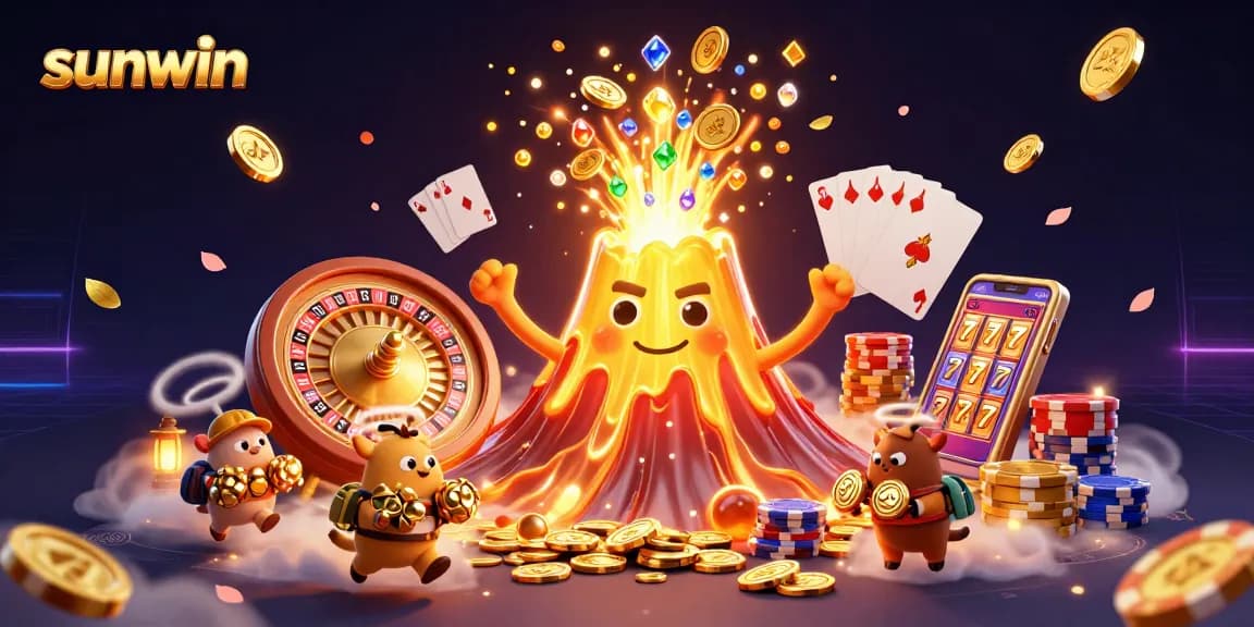 Engage in thrilling wins with sunwin's vibrant casino illustration featuring dynamic characters and game elements.