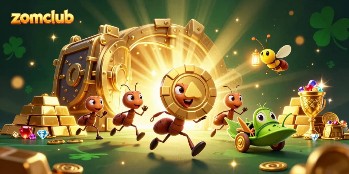 Compete in thrilling games at zomclub with a golden poker chip heist scene featuring dynamic characters and riches.