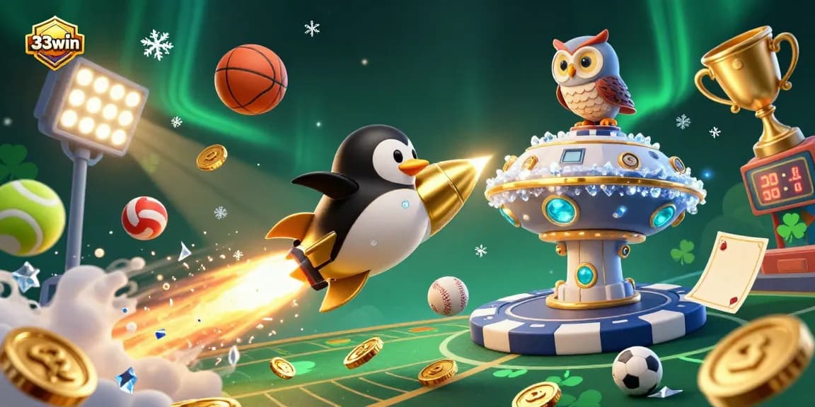 33win offers exciting sports betting visuals with a dynamic illustration featuring a golden penguin and sports elements.
