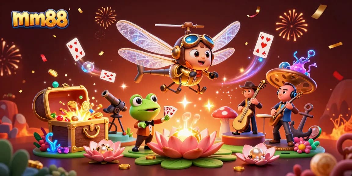 Experience exciting gaming at mm88 with a 3D illustration of a lively casino scene featuring animated characters.