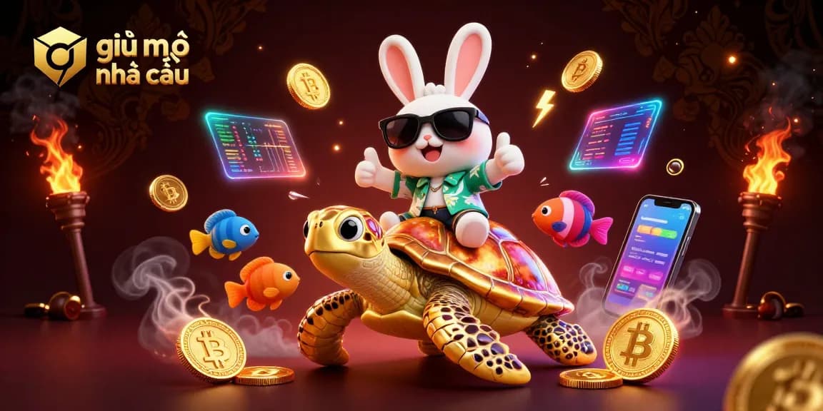 Experience the thrill of giải mã nhà cái with our vibrant 3D illustration showcasing lucky characters and crypto elements.