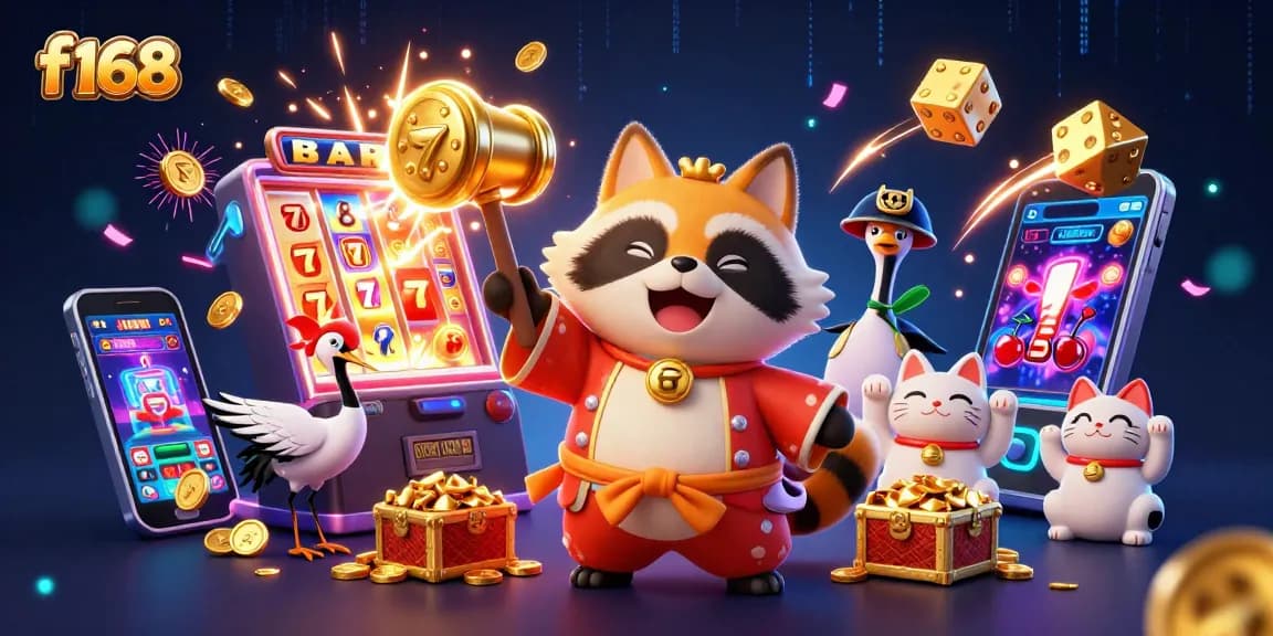 Play exciting games at f168 with the cheerful tanuki and lucky symbols in a vibrant casino atmosphere.