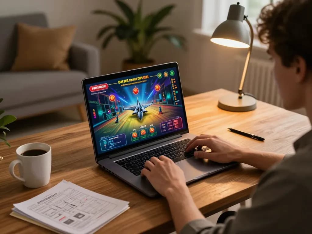 Engaging player enjoying the F168 online casino experience on laptop with vibrant game interface.
