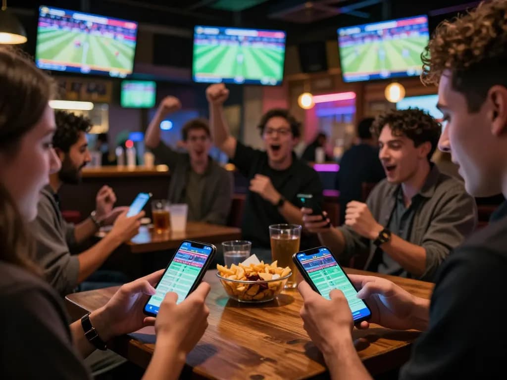 Betting on kèo nhà cái in a vibrant sports bar with enthusiastic patrons strategizing