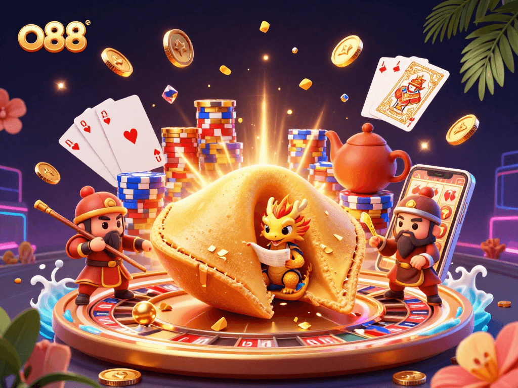 Experience thrilling wins at o88 with a dynamic 3D illustration featuring fortune cookies and casino elements.