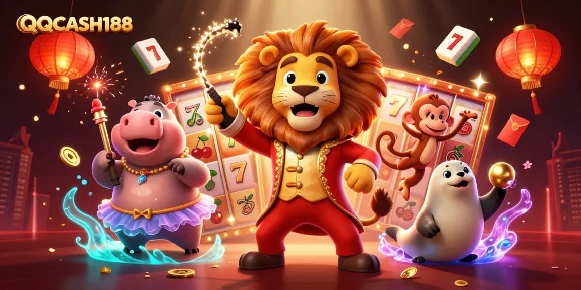 Engage with QQCASH188 and discover vibrant casino action with our animated circus scene featuring slot reels.