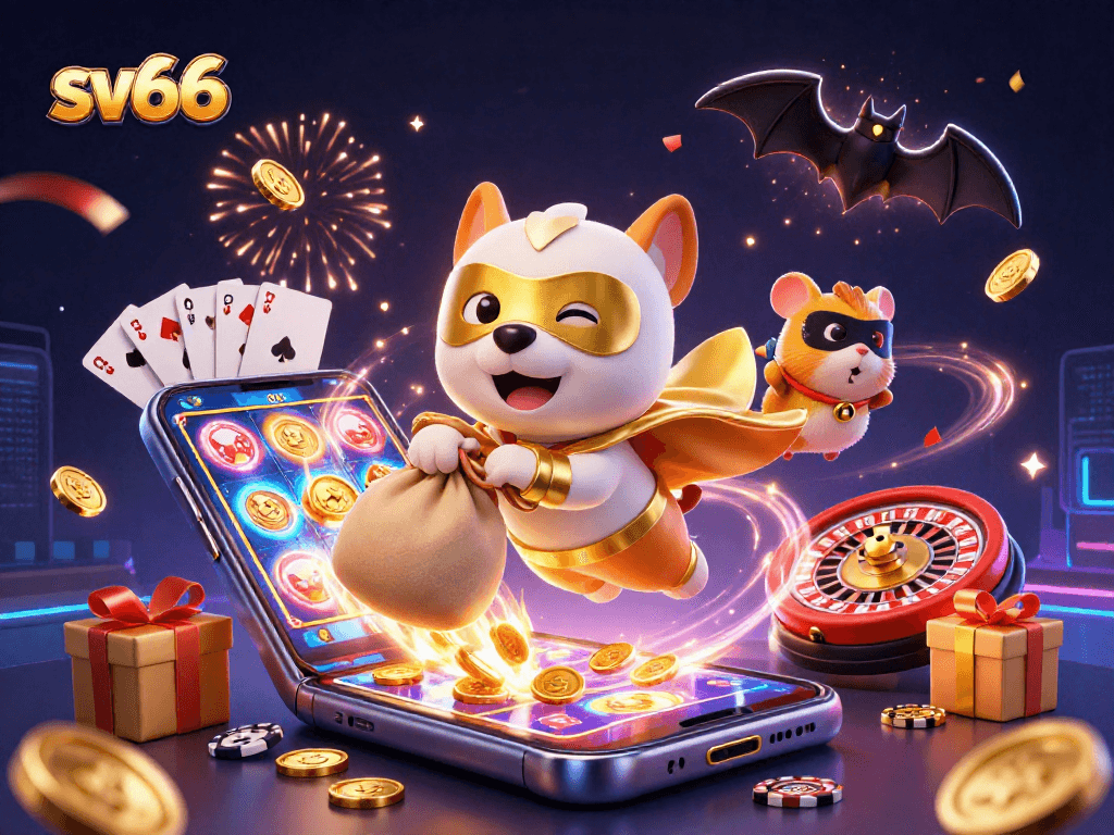 Spin the reels with sv66: A cartoon superhero dog winning gold coins in a vibrant casino scene.