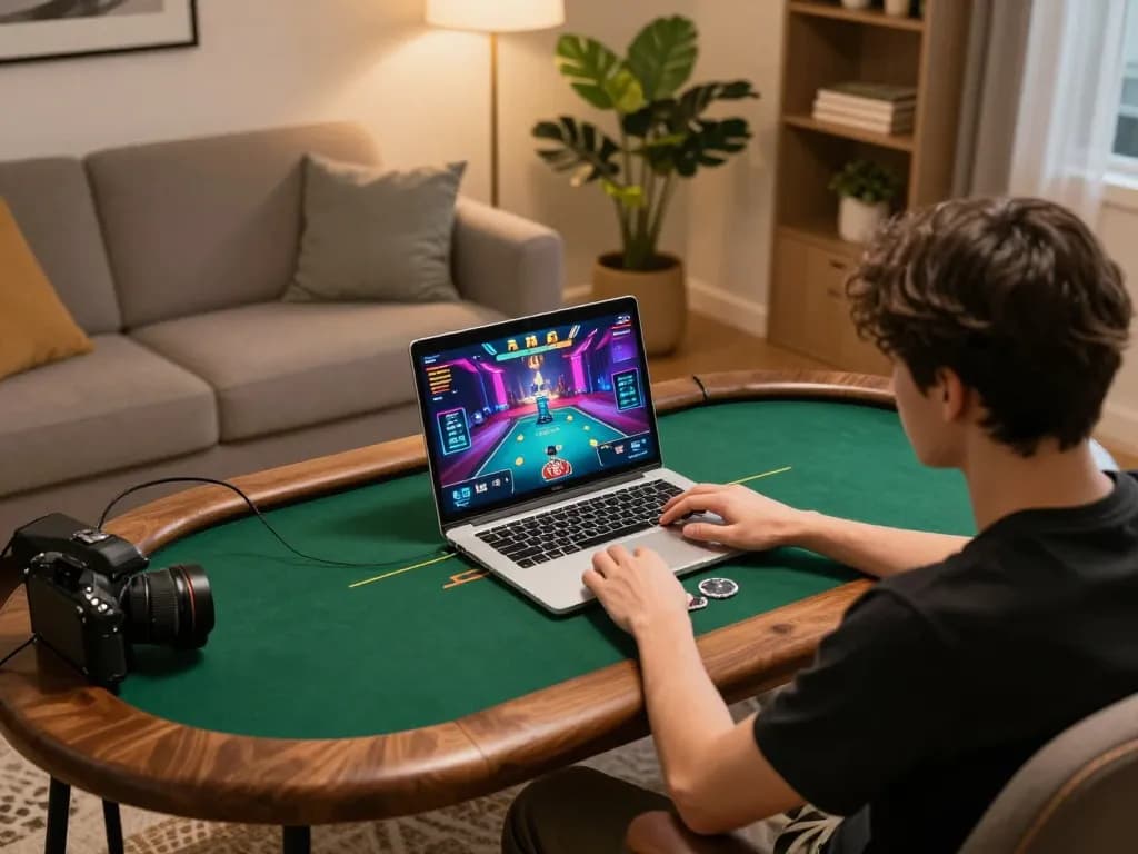 Player engaging in online poker at home, showcasing rikvip gaming experience, while practicing responsible strategy.