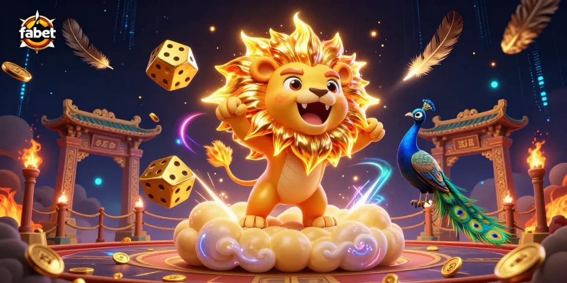 Engage with fabet's dynamic online casino experience featuring a roaring cartoon lion amidst vibrant casino elements.