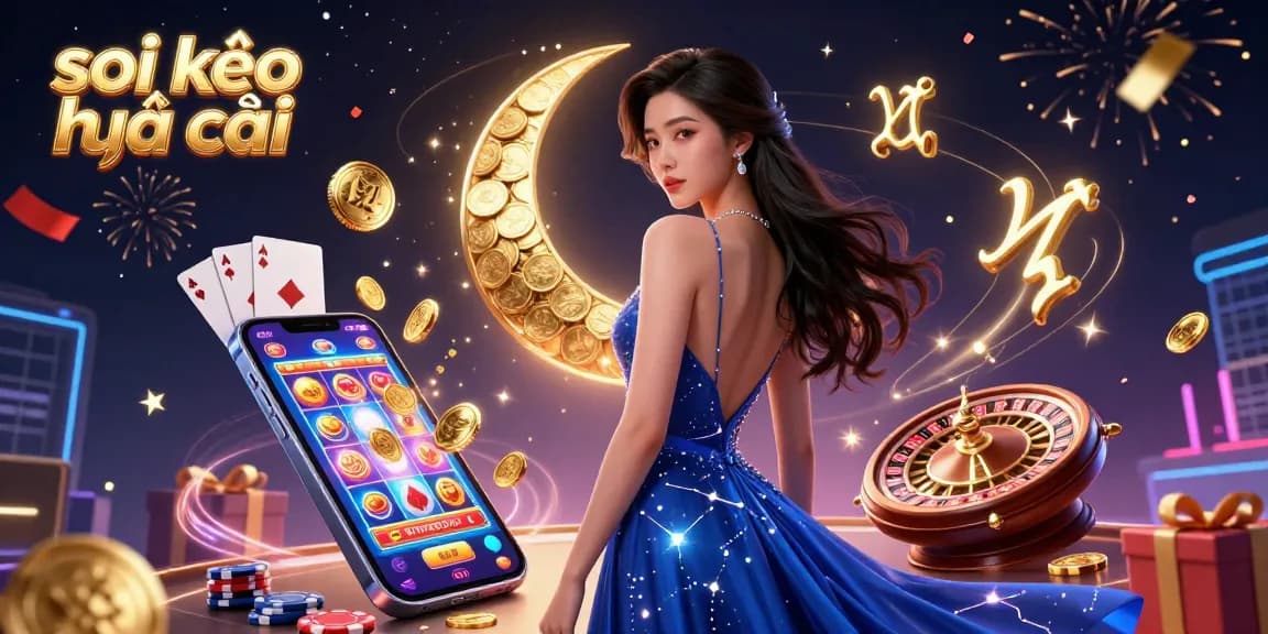 Engage with "soi kèo nhà cái" through a vibrant illustration of colorful casino elements and an elegant woman.