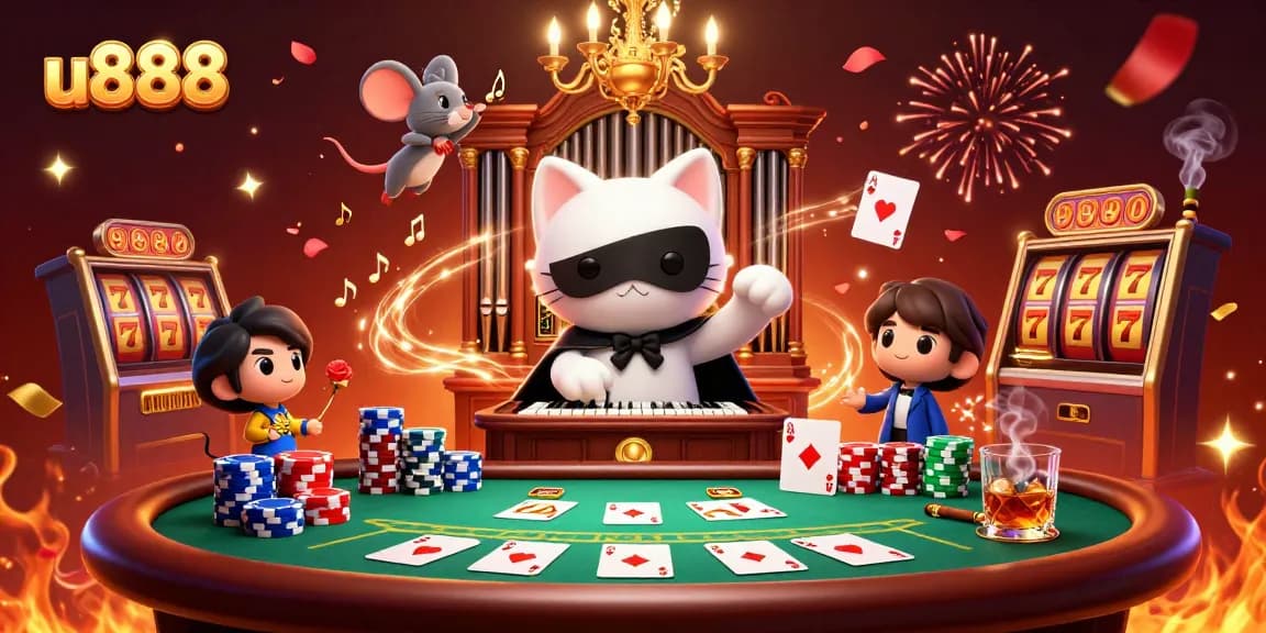 Experience thrilling gaming at u888 with lively casino characters and vibrant decorations.
