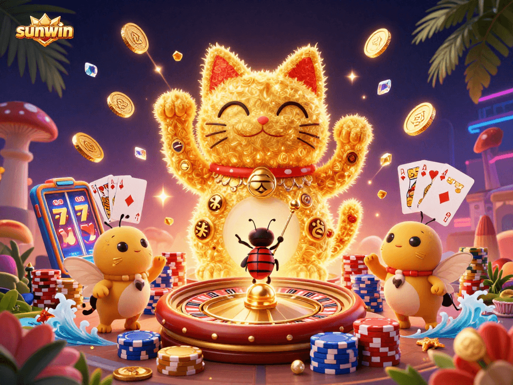 Generate wins with sunwin through a vibrant 3D casino illustration showcasing dynamic gaming excitement.