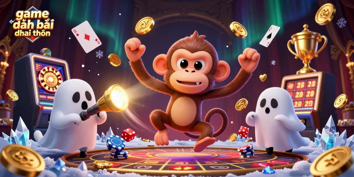 Engage in game đánh bài đổi thưởng with a playful poltergeist monkey and ghost-hunter puppy in a vibrant casino.