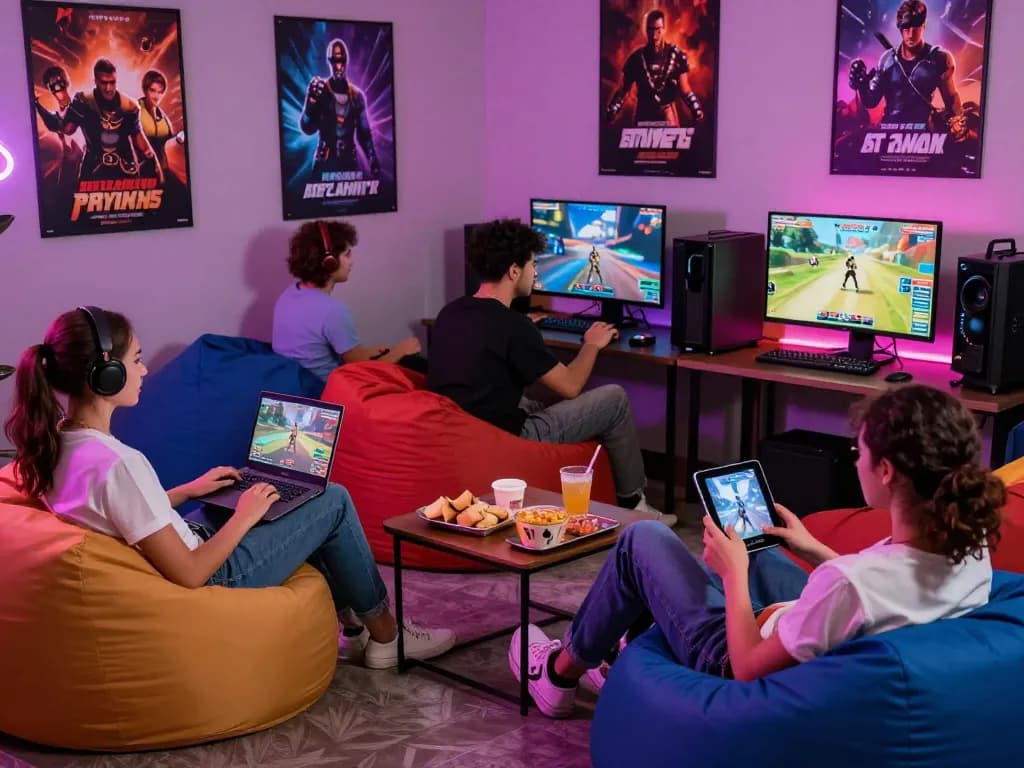 Friends enjoying online porn games in a vibrant gaming lounge as they engage with various devices.