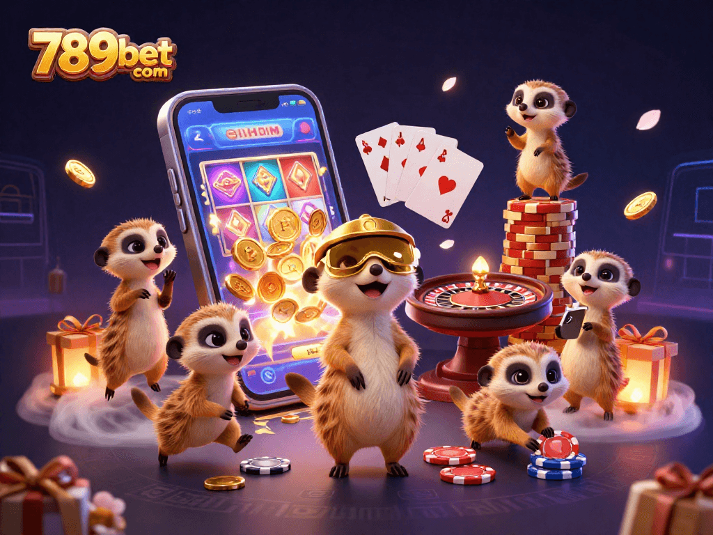 Experience the excitement at 789bet com with meerkats engaged in a vibrant casino scene.