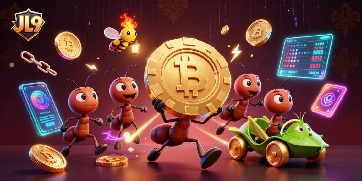 JL9 ants carrying a giant poker chip while surrounded by glowing cryptocurrency elements in a rich casino heist scene.
