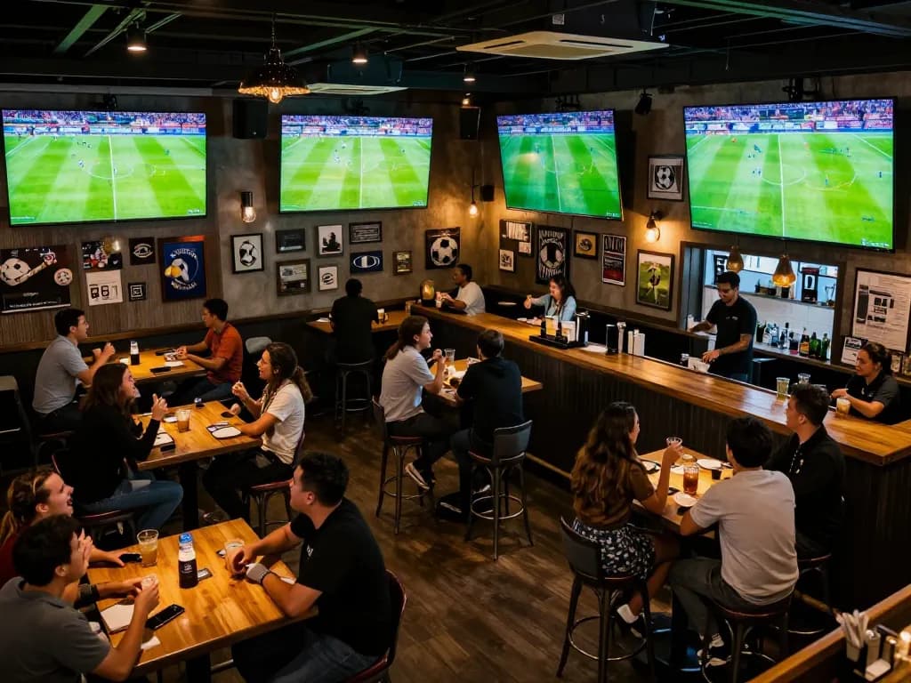 Socolive trực tiếp bóng đá in a lively sports bar with fans cheering for soccer matches.