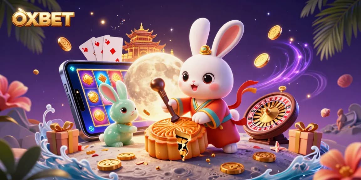 Experience OXBET with a vibrant illustration of the moon rabbit, slot games, and casino elements.