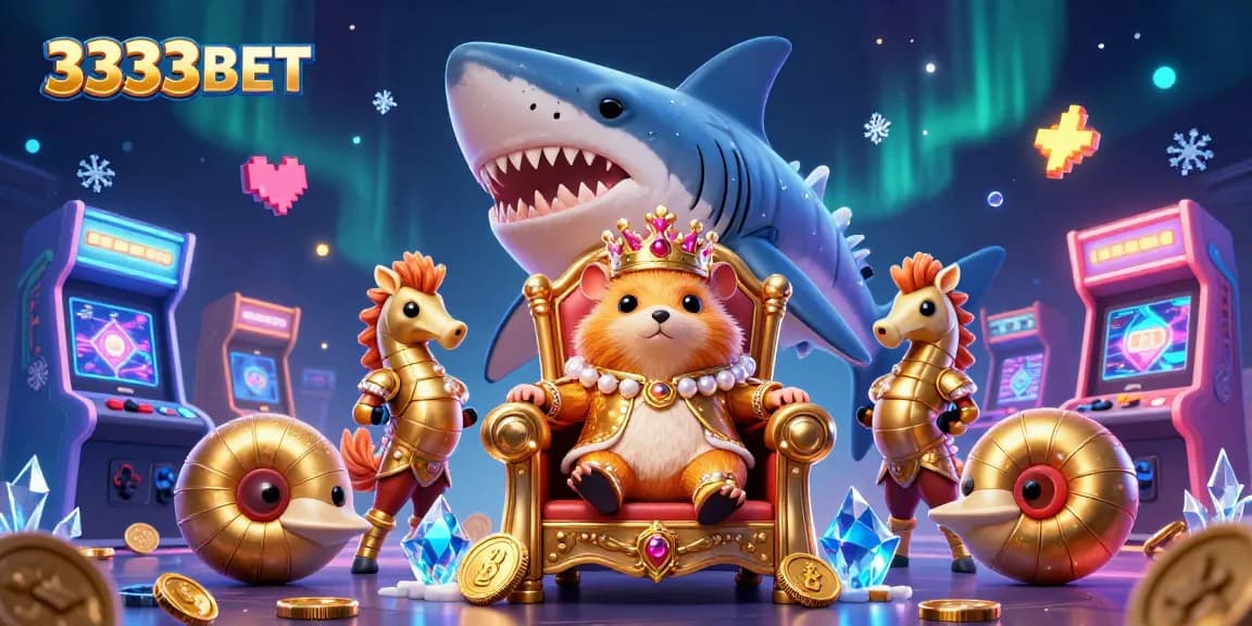 3333BET features a lively scene with a golden hamster king surrounded by gaming elements, showcasing excitement and entertainment.