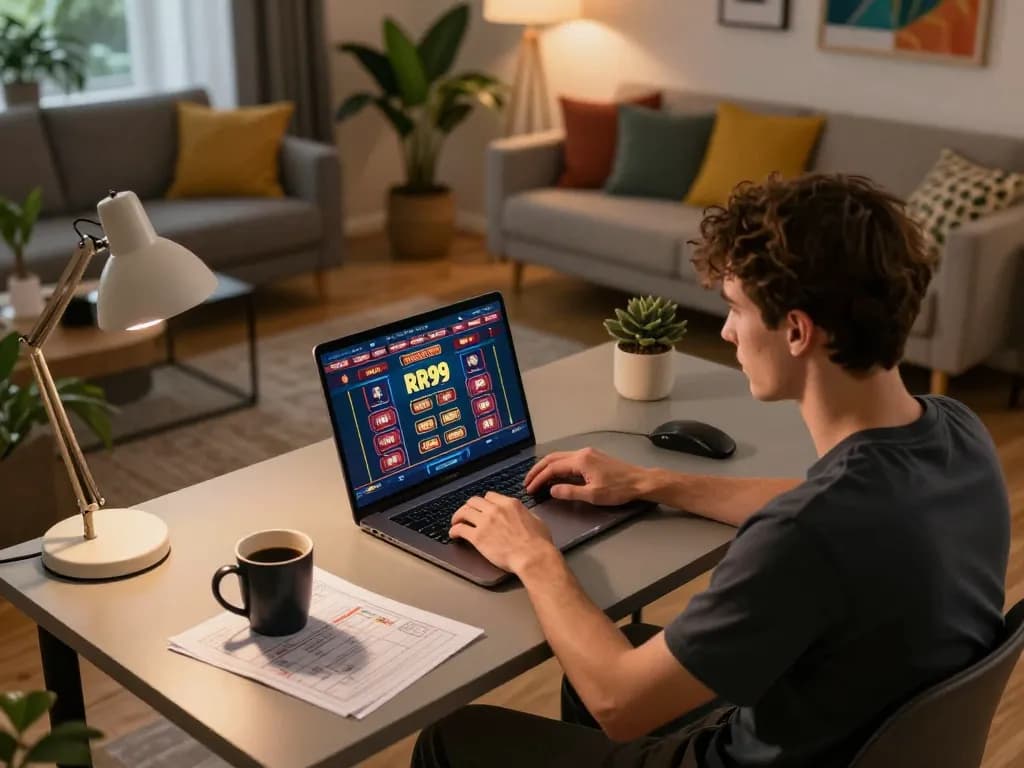 Player engaging with RR99 online casino interface on a sleek laptop during a cozy home gaming session