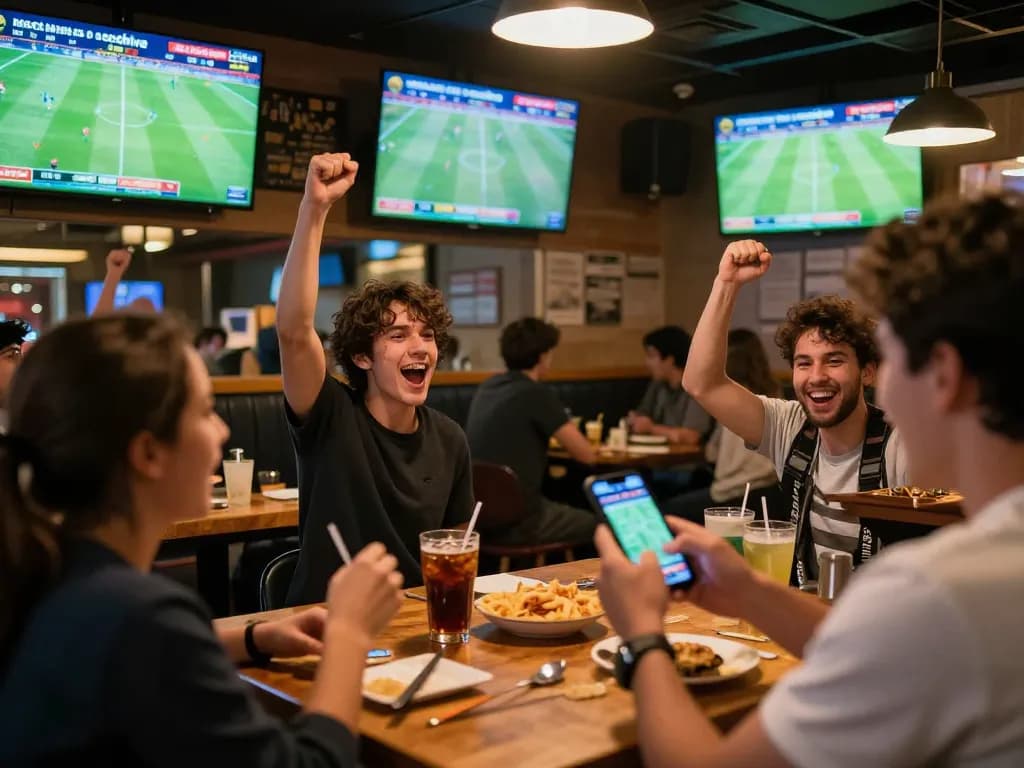 Fans immersed in Trực tiếp bóng đá socolive while cheering in a lively sports bar, screens displaying live football matches and betting updates.