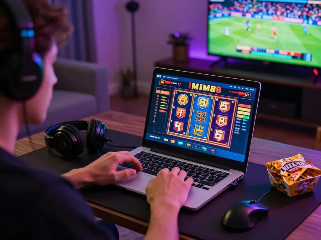 Player enjoying MM88 online casino in a vibrant gaming setup with neon lights and engaging interface.