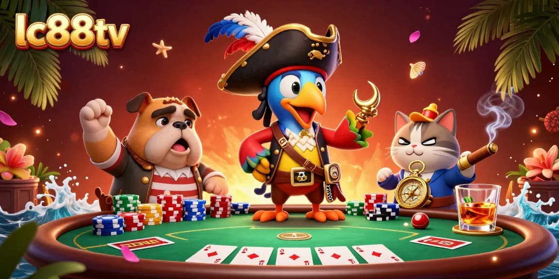 Experience thrilling poker action with lc88tv's vibrant pirate scene featuring a poker captain and colorful chips.