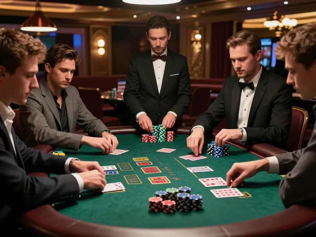 Players enjoying a strategic game of blackjack at Ax88 casino table with high-quality chips and vibrant atmosphere.