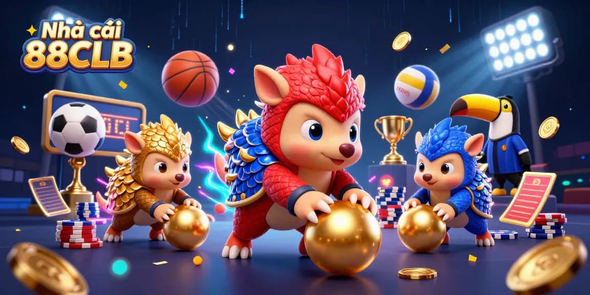 Nhà cái 88CLB features rival pangolins bowling through poker chips in a vibrant casino scene.
