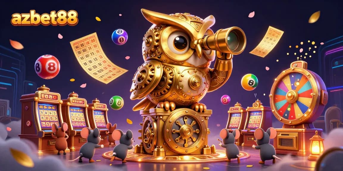 Engage with azbet88 gaming excitement featuring a golden owl and dynamic lottery elements in a vibrant casino.