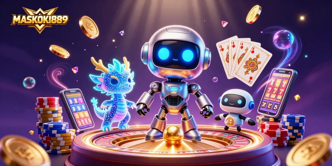 Engage with MASKOKI889's thrilling gaming experience featuring vibrant casino characters and sparkling elements.